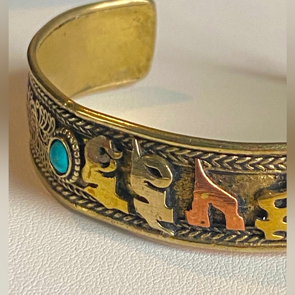 Mixed metal MANTRA cuff. Buddhist bracelet. Brass, Turquoise, Copper Vintage